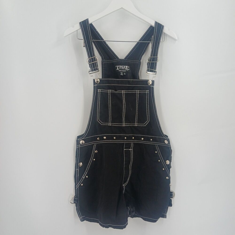 Tripp NYC Women's Small Black Denim Overall Shorts Silver Stud Contrast Stitch